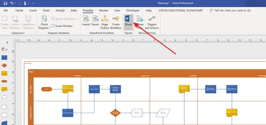 tap on word option in microsoft visio
