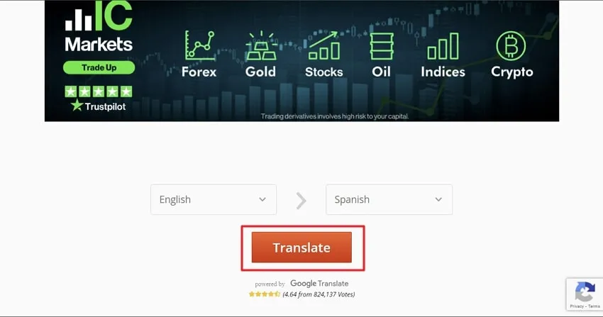 click on translate button to translate english to spanish in onlinedoctranslator
