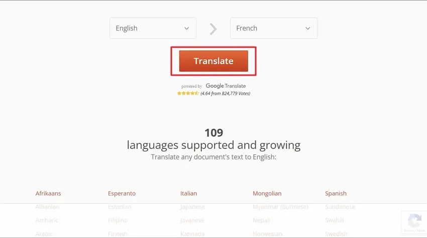 translate english to french in doctranslator
