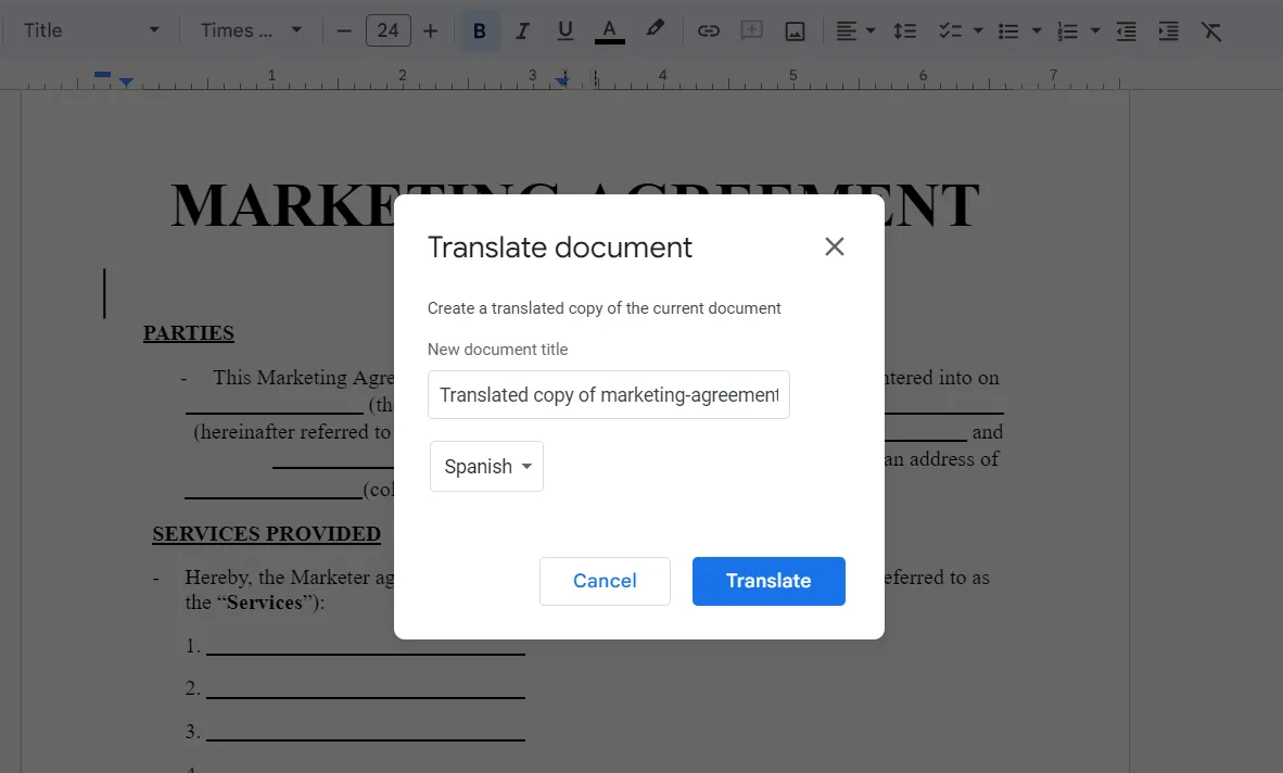 english to spanish document translation button