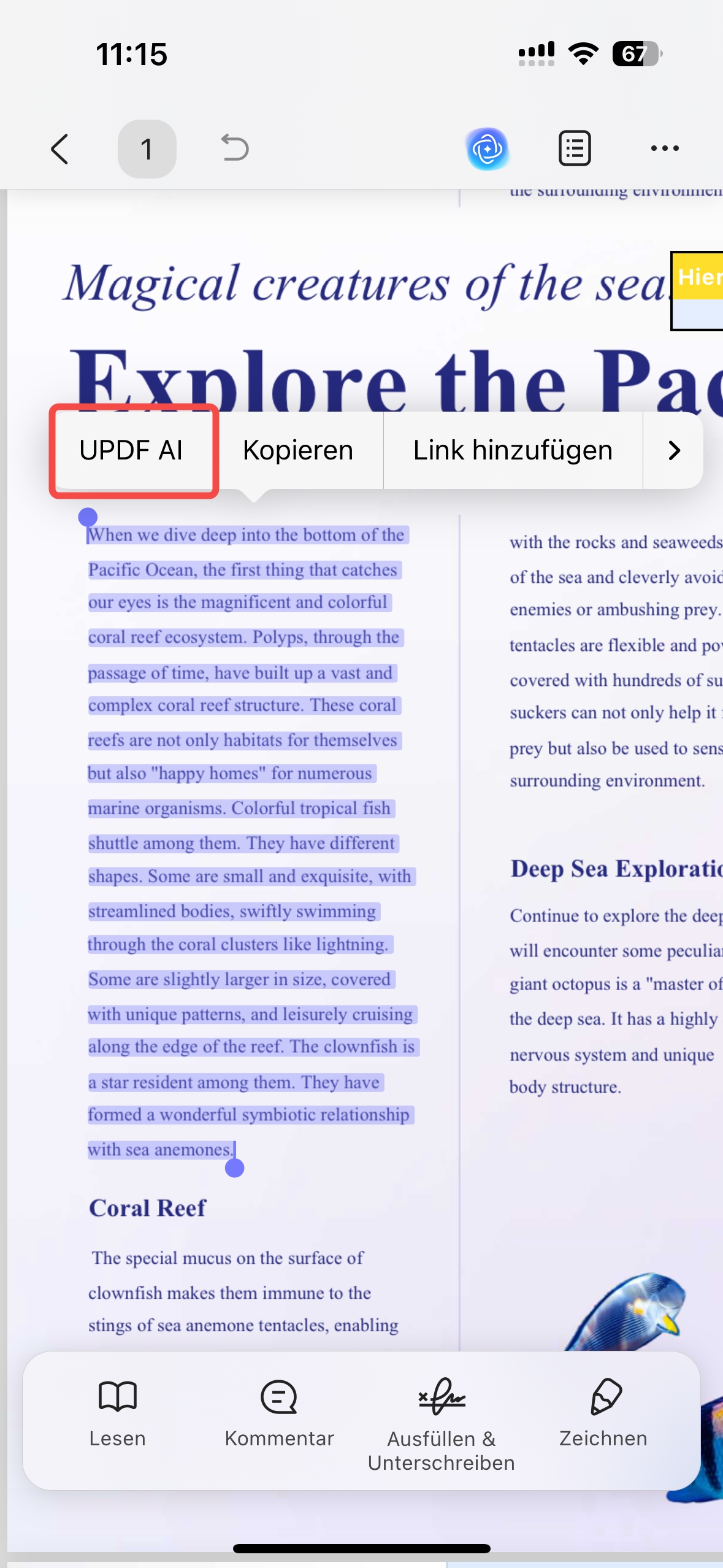 tippen Sie im Pop-up-Menü auf UPDF AI