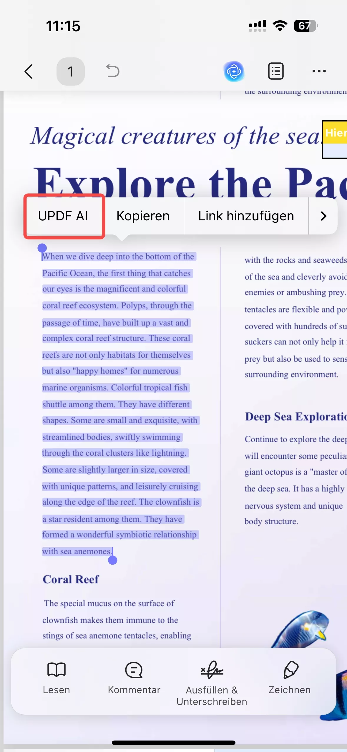 updf ai für ausgewählte Textübersetzung