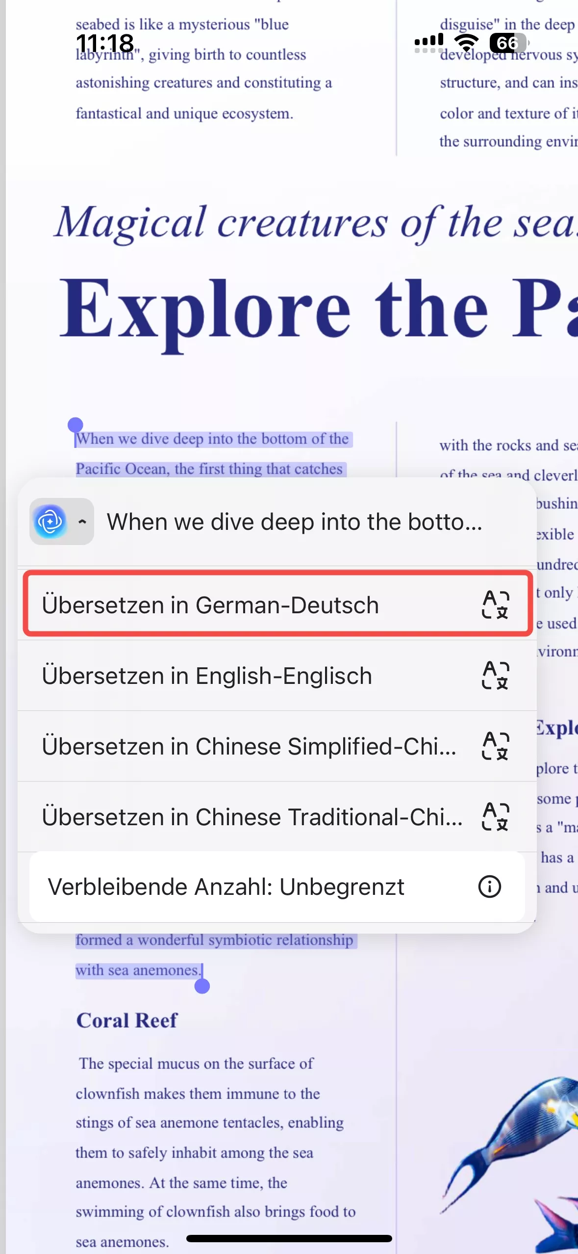 updf ai für ausgewählte Textübersetzung
