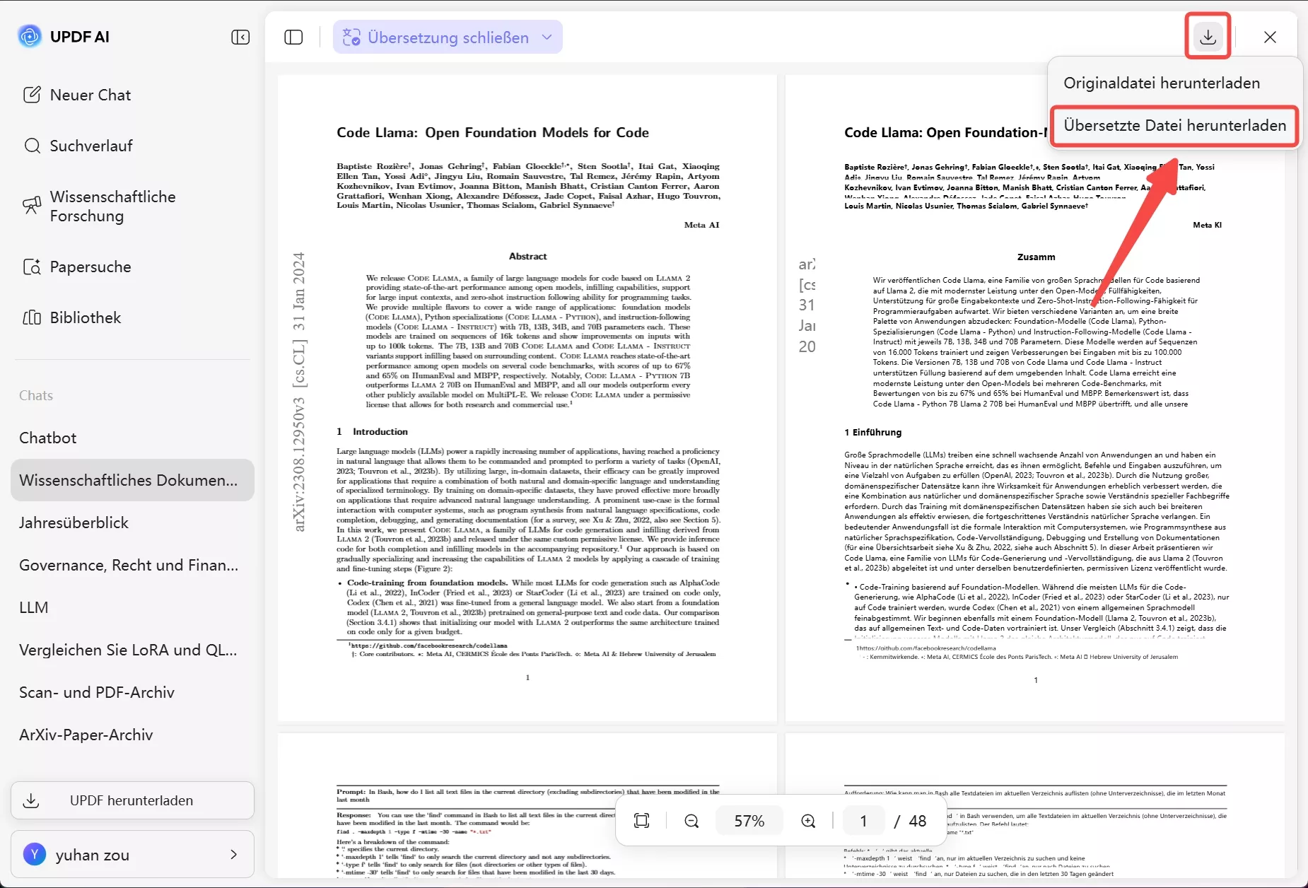Laden Sie die übersetzten Dateien mit UPDF AI Online herunter