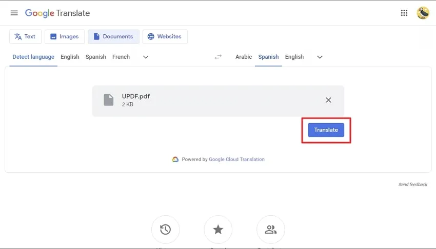 hit the translate button to translate pdf from en to es in google translate