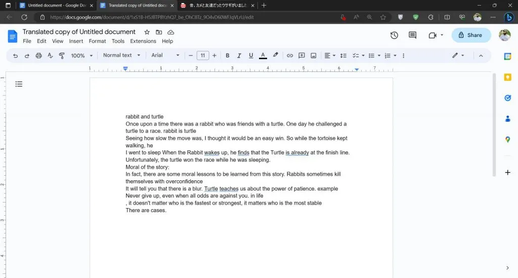 translated copy opens in google docs