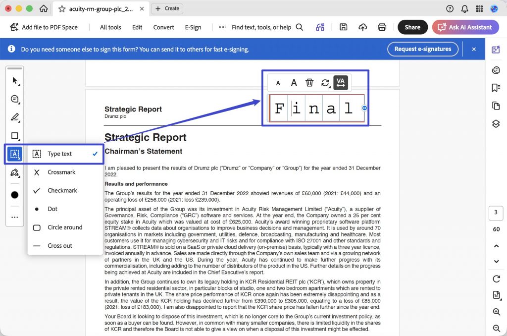type text over the rectangle acrobat