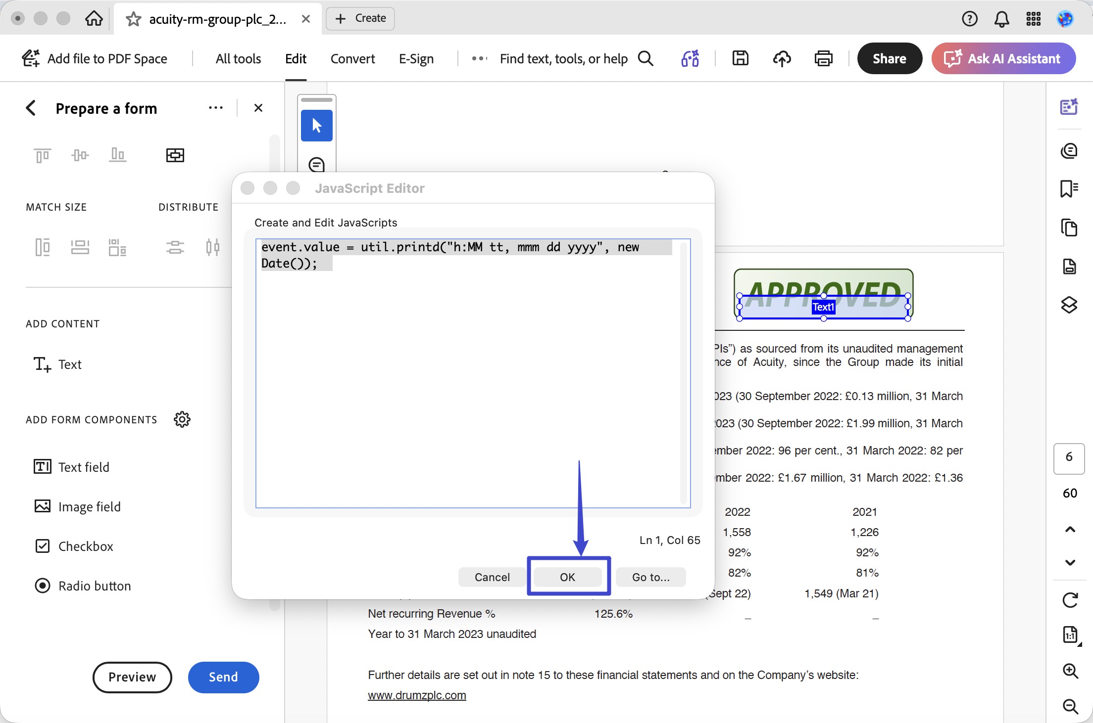 type the script in the javascript editor acrobat