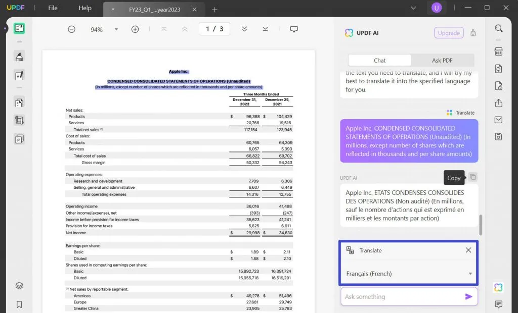  Translate the Copied Text into French using UPDF AI