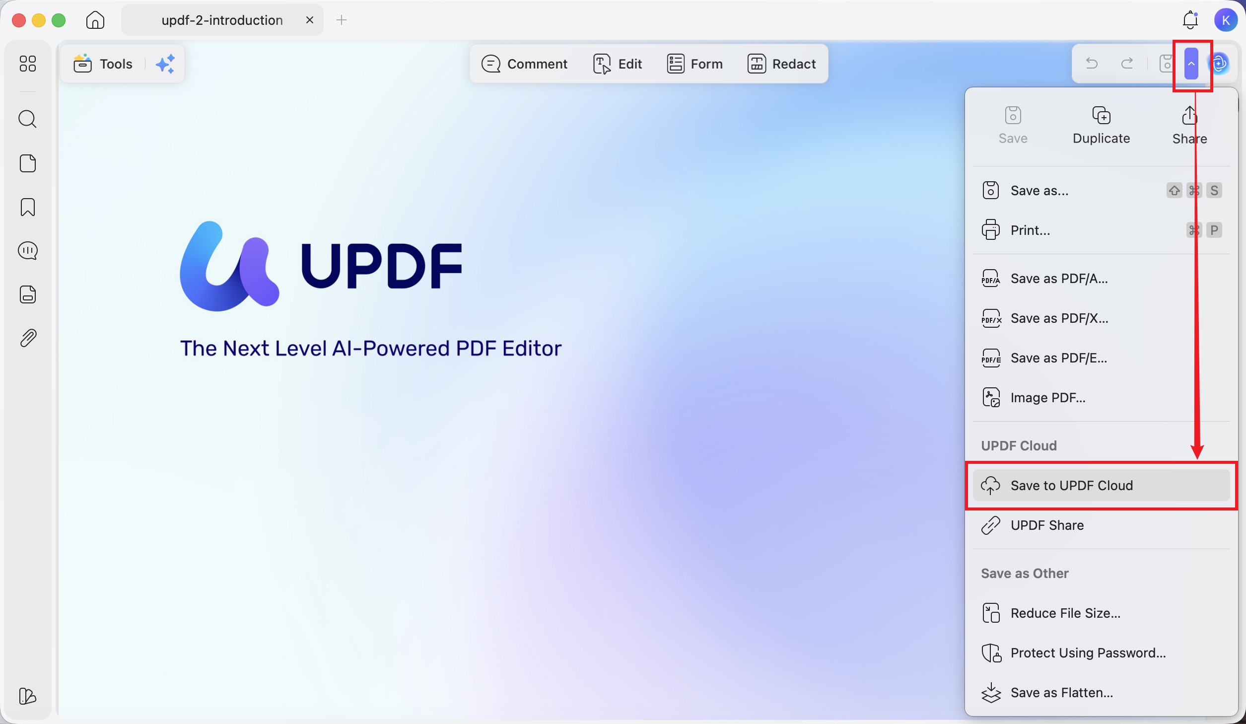 updf save to updf cloud from the expanded menu pf save