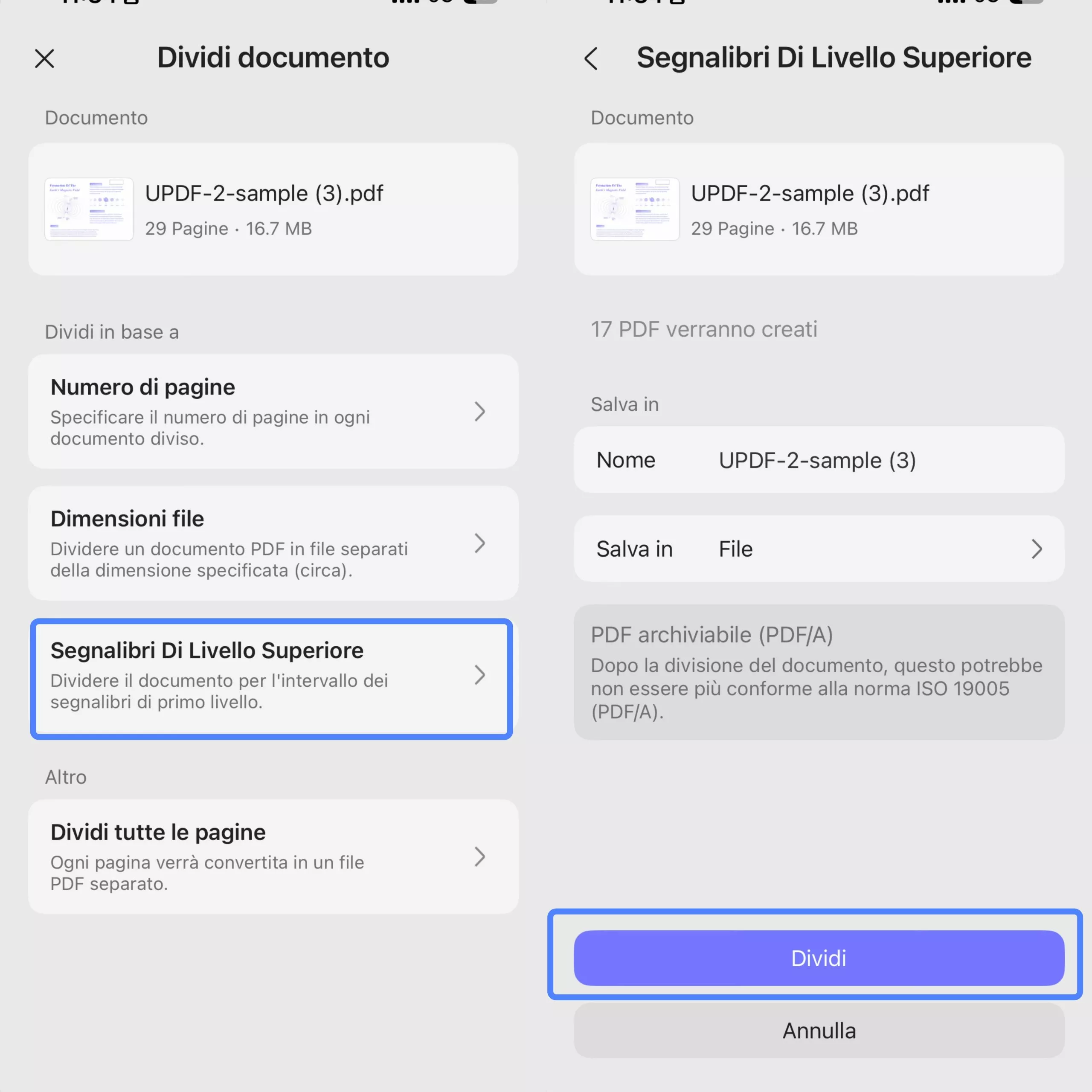 split by bookmark updf app