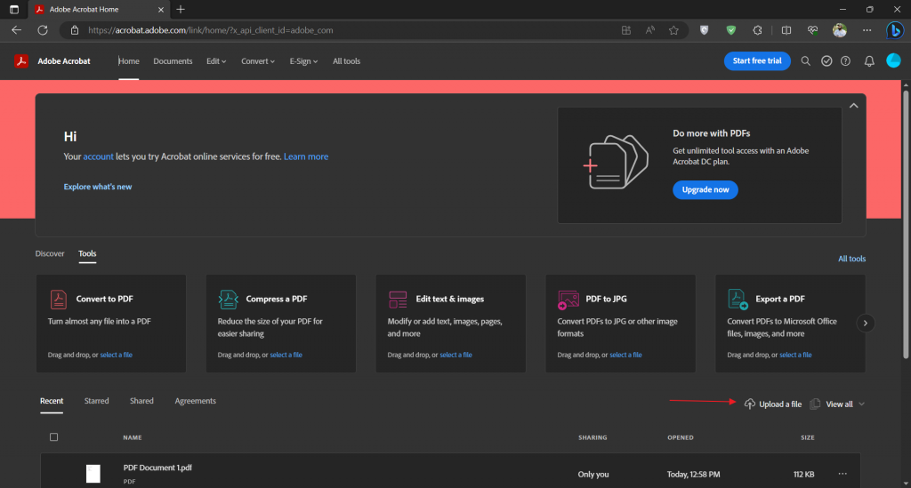 Upload PDF file via Adobe acrobat online