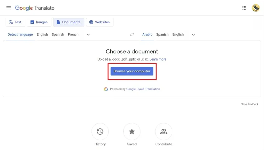 upload the pdf document in google translate