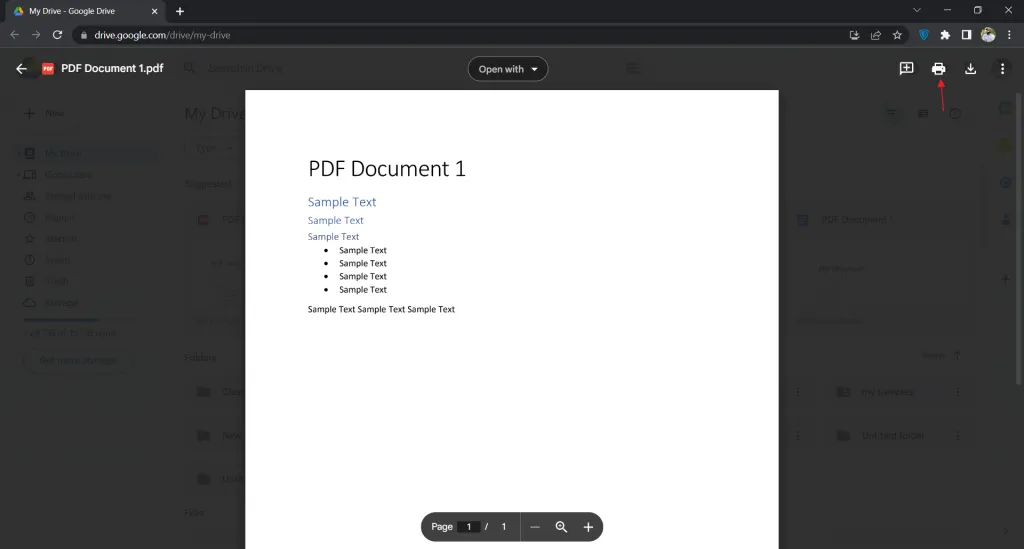 use print to enable pdf viewing in google drive