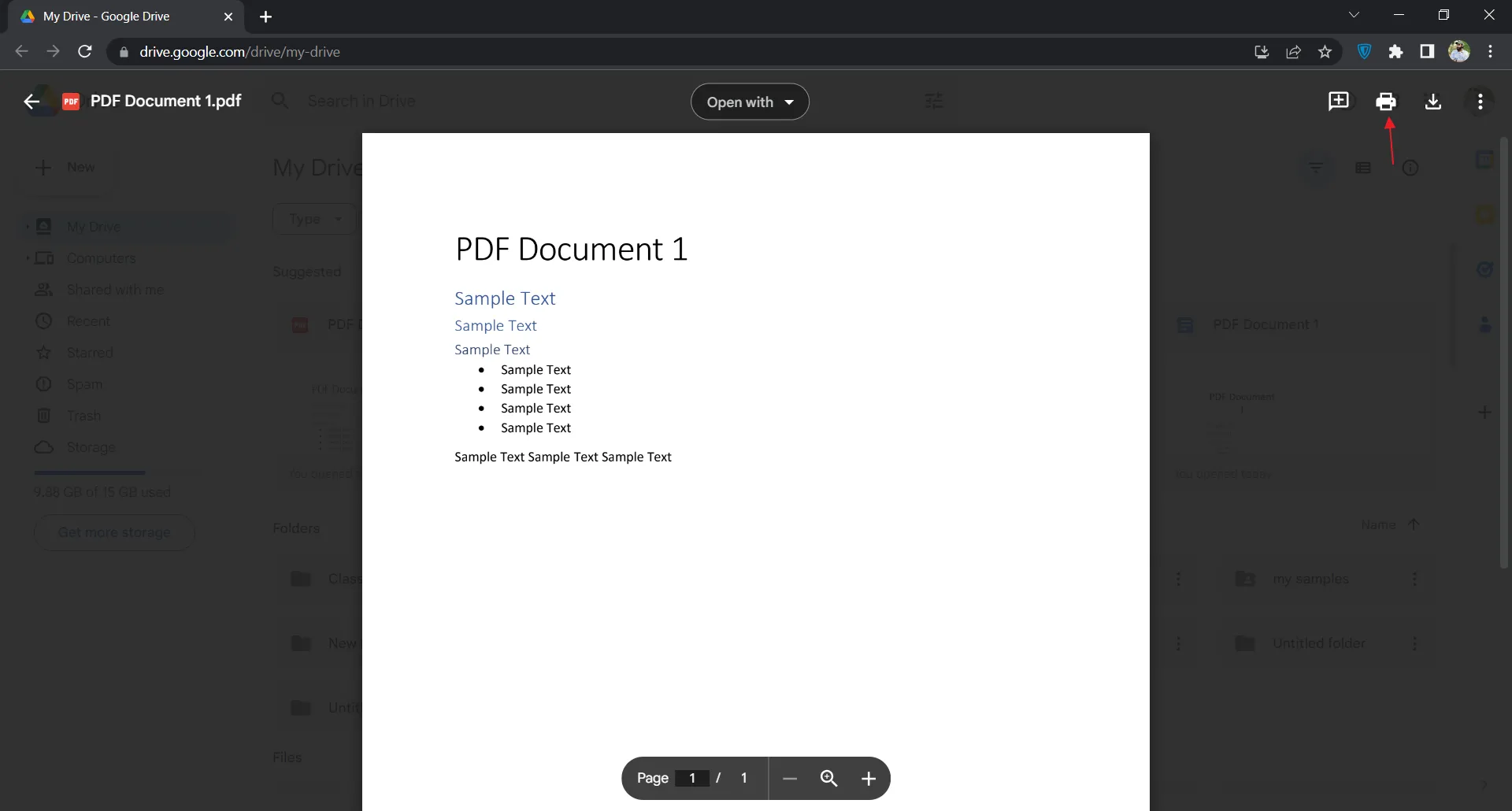 Klicke auf "Drucken", um die PDF-Anzeige in Google Drive zu aktivieren