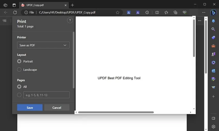 use the save as pdf printer in microsoft edge