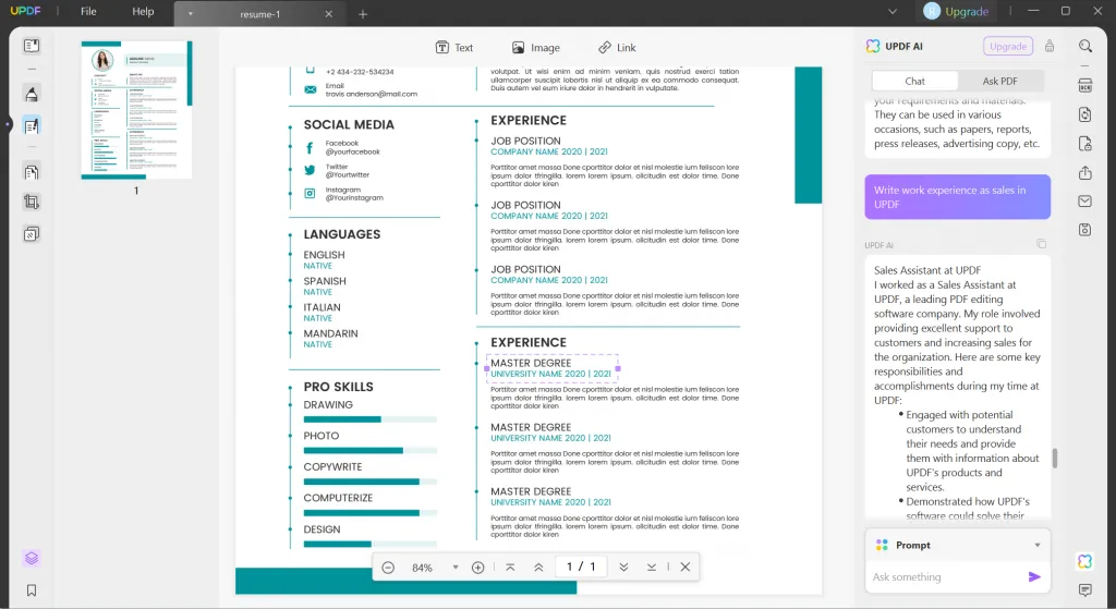 Write a PDF Resume with UPDF AI