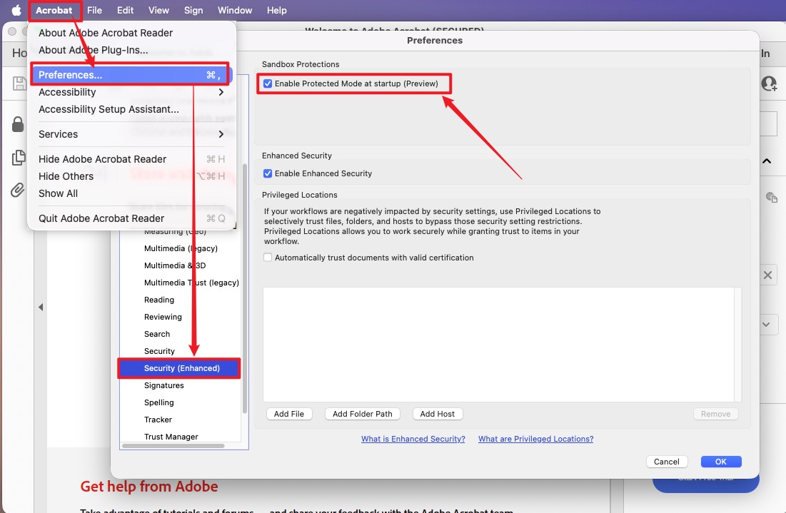 acrobat enable protected mode at startup