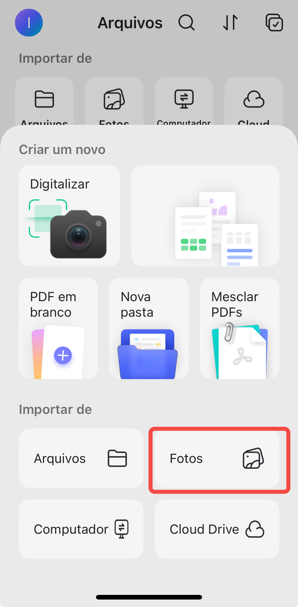 importar fotos para o updf