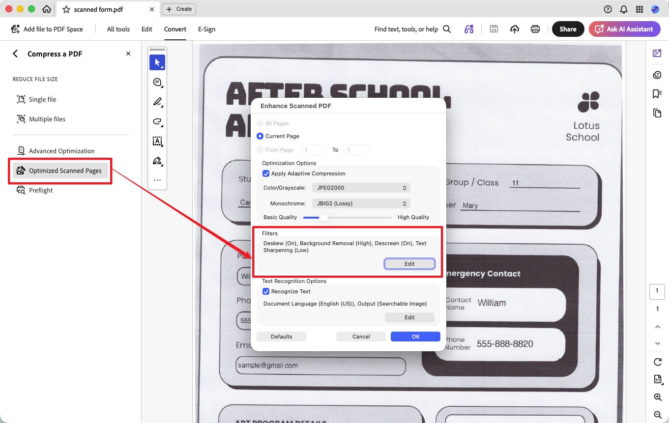 adobe acrobat enhance scanned pdf options