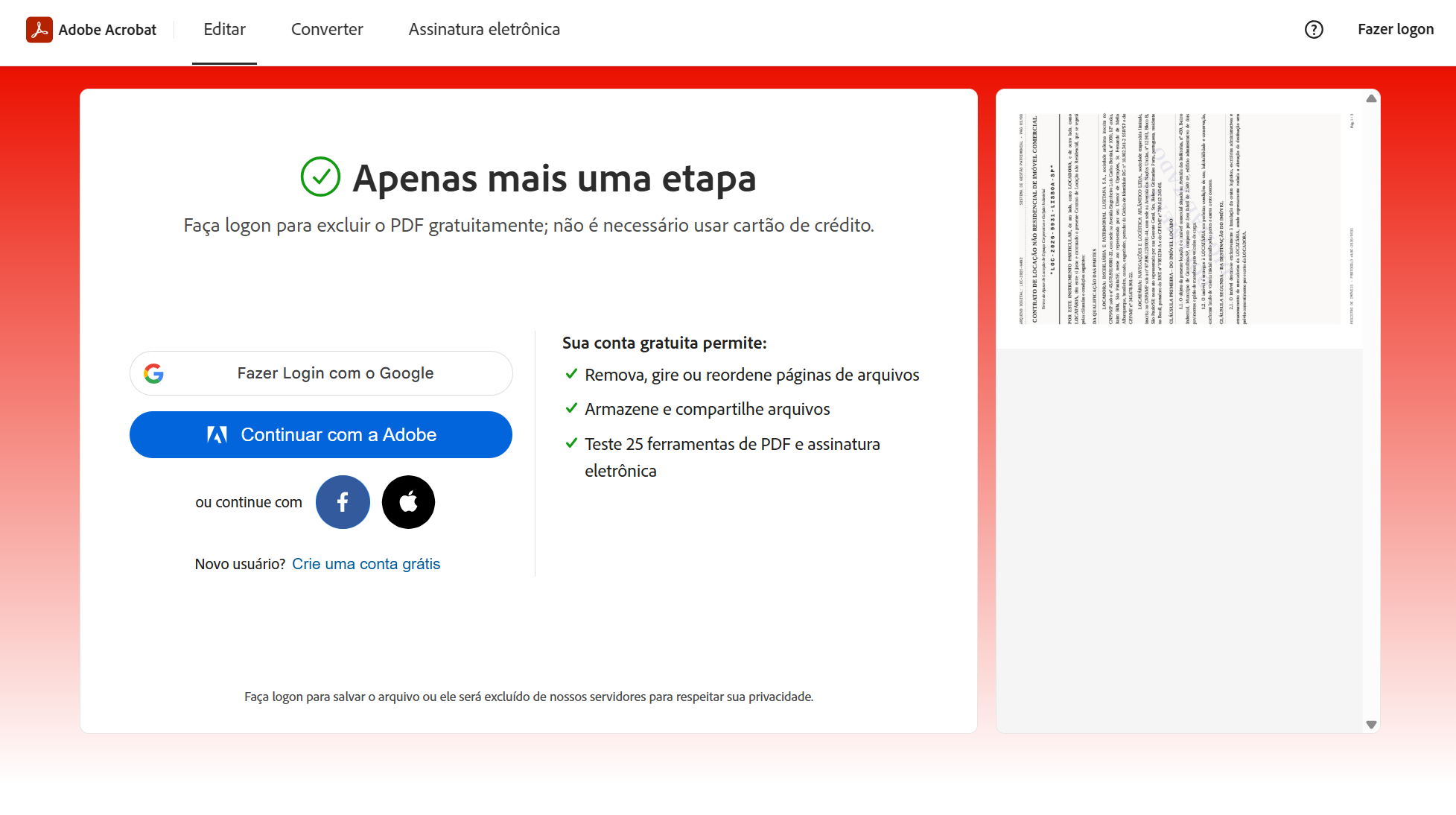fazer login com uma conta Adobe para continuar a edição
