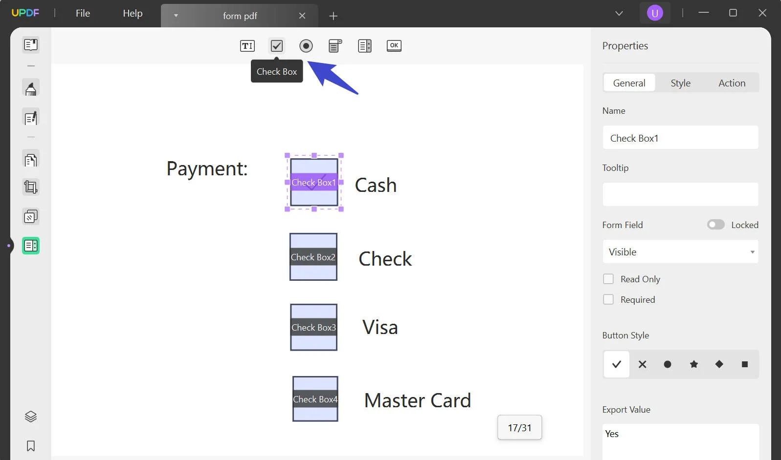 updf create pdf form check box