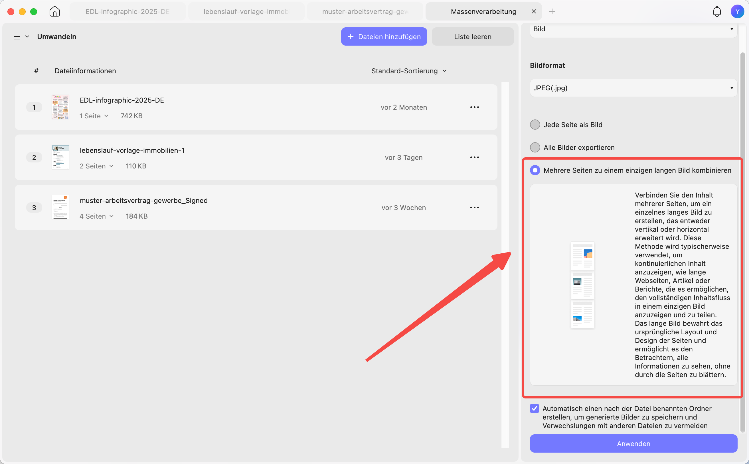 Mehrere Seiten zu einem einzigen langen Bild zusammenführen – PDF auf dem Mac