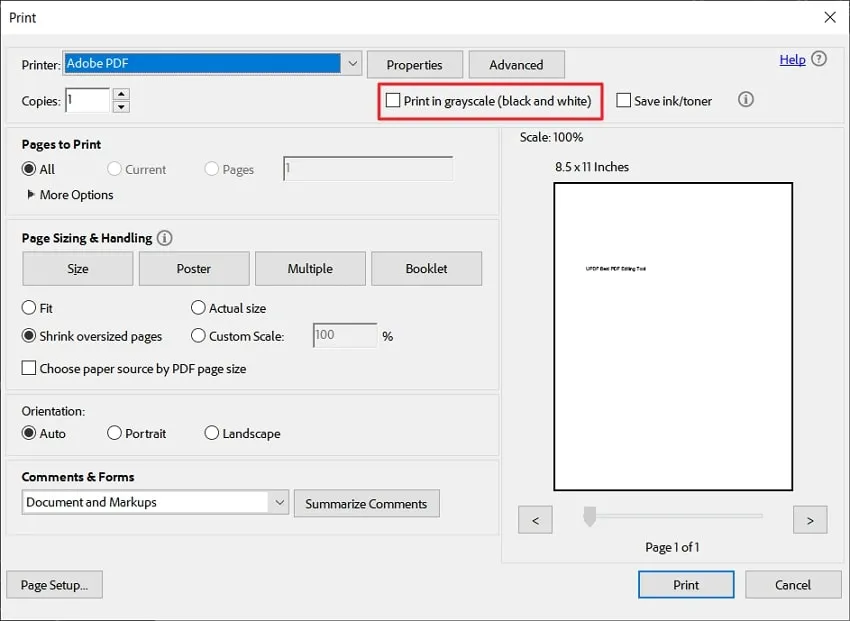 enable print in grayscale option in adobe reader