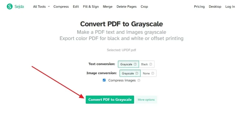 click on convert pdf to grayscale in sejda