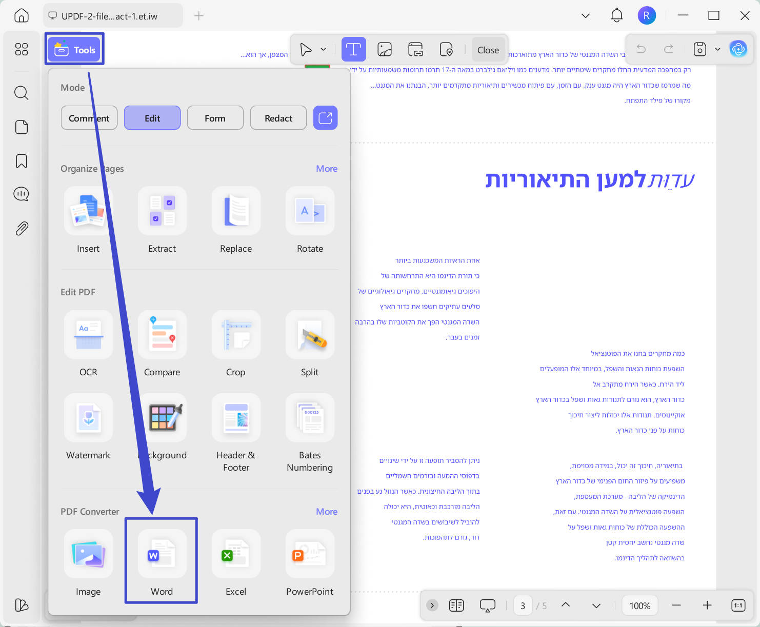 convert hebrew pdf to word with updf windows