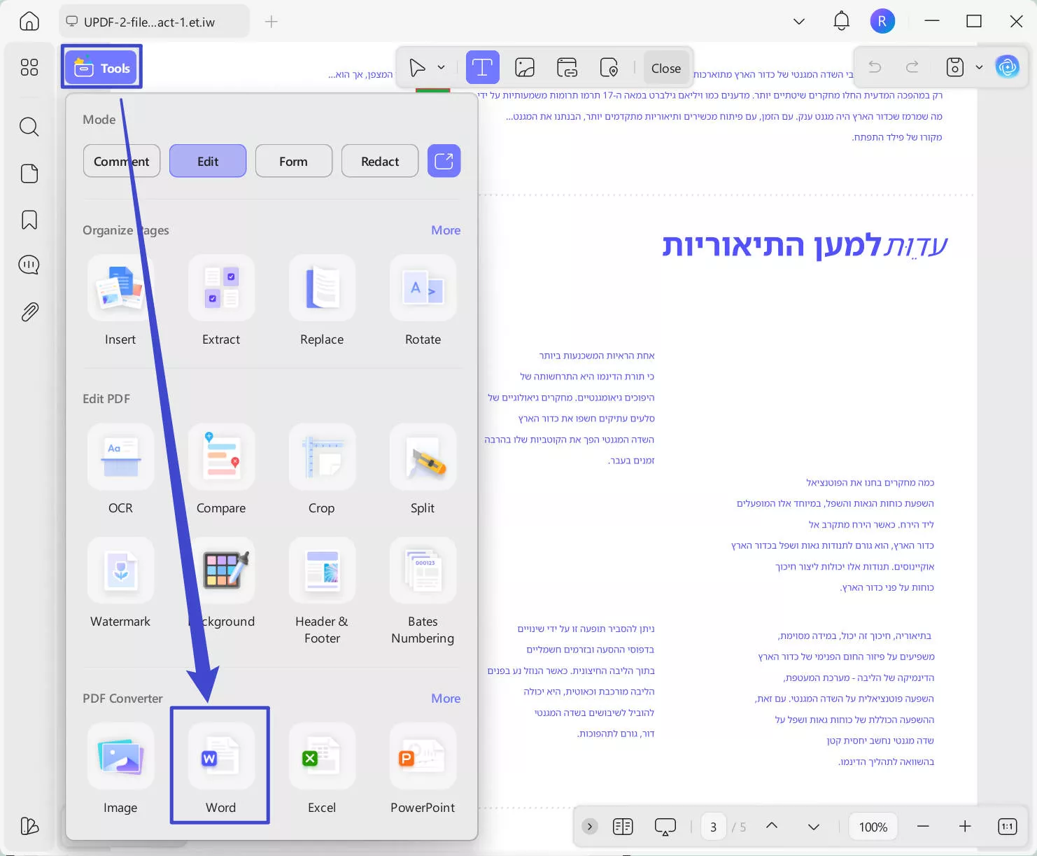 convert hebrew pdf to word with updf windows
