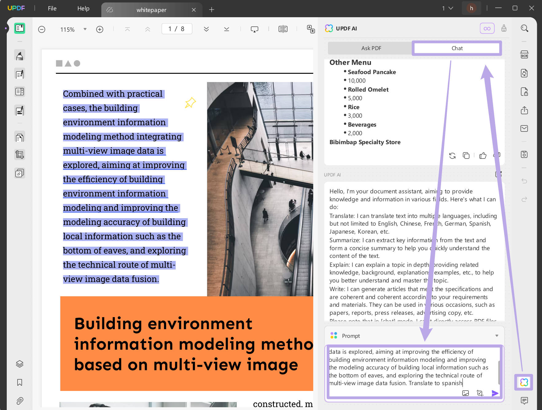 Copy to translate a PDF to Spanish with UPDF on Windows