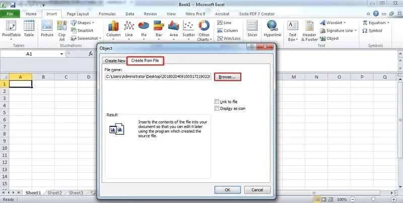insert pdf into excel create from file option