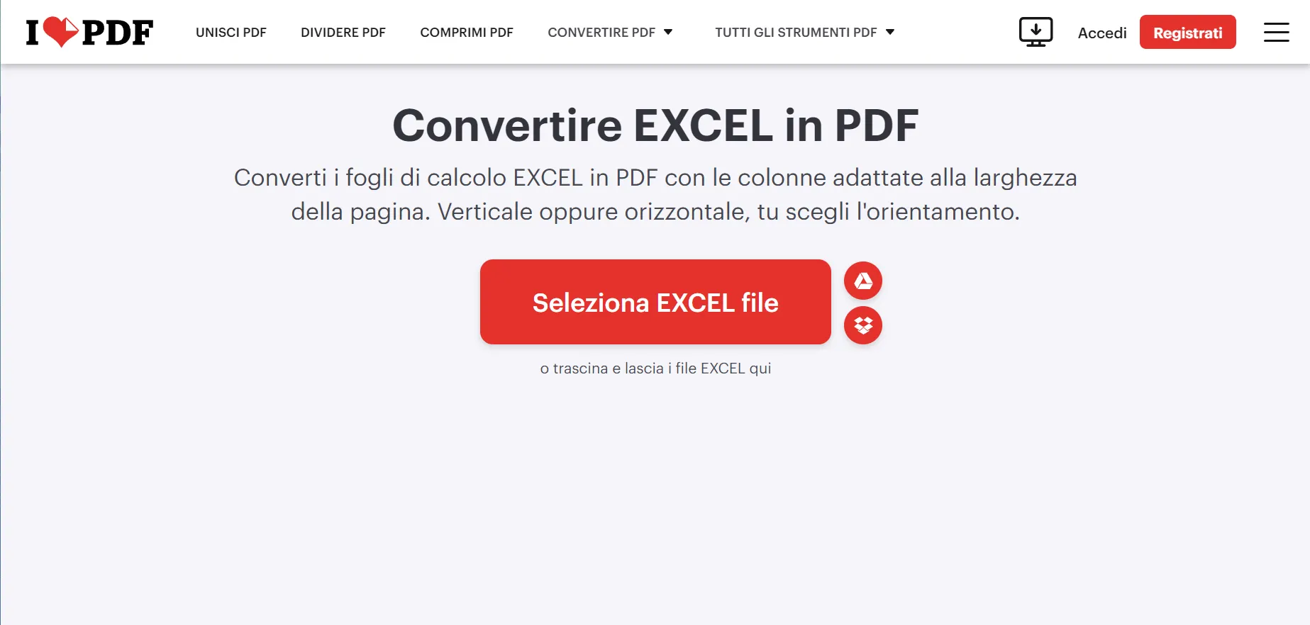 Convertire Excel in PDF online con iLovePDF