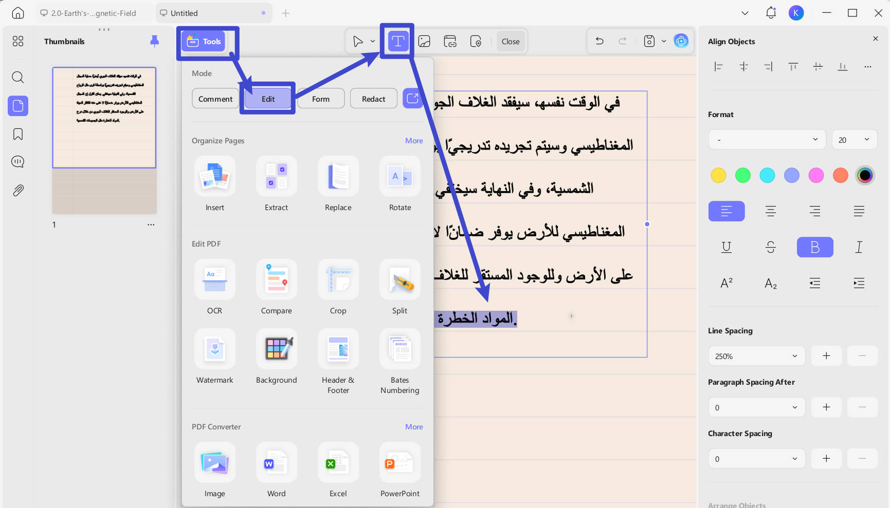 edit arabic text in updf