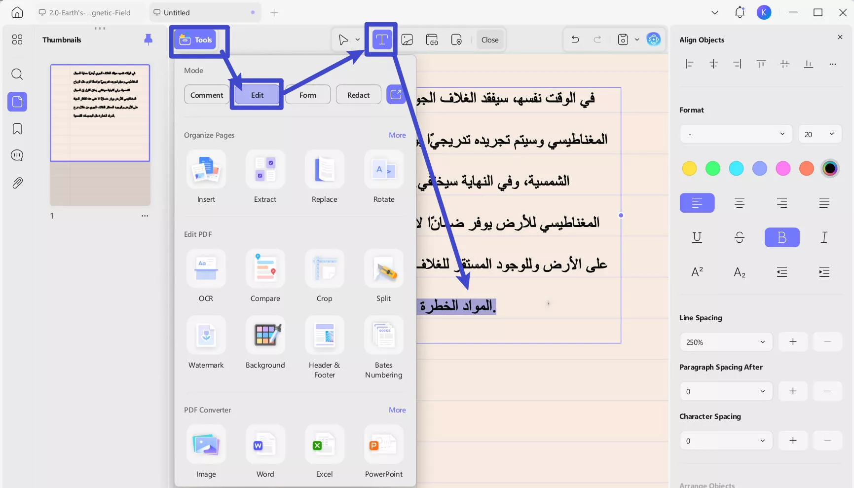 edit arabic text in updf