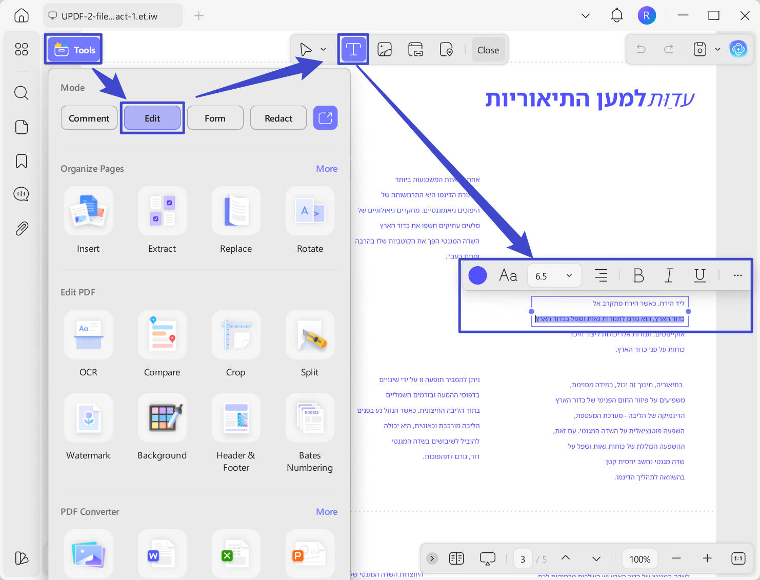 Edit Hebrew text in pdf with updf on windows