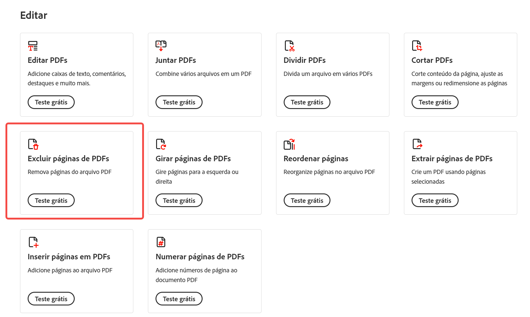 Excluir páginas de PDFs com adobe acrobat online
