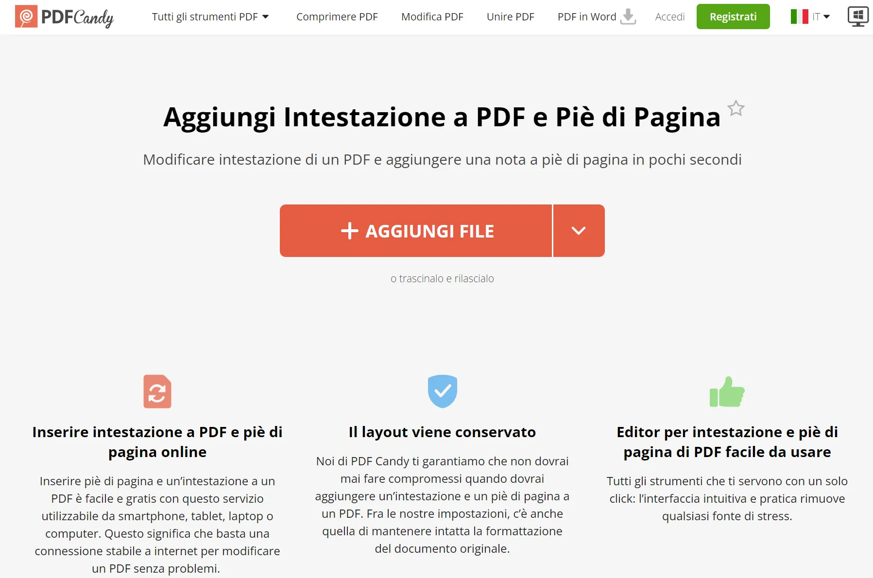 Inserire intestazione e piè di pagina in PDF online