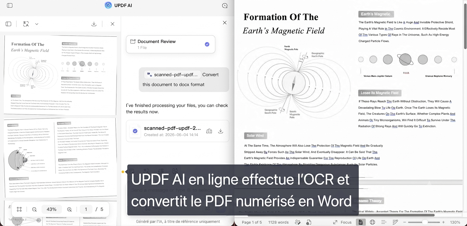 UPDF AI en ligne effectue une reconnaissance optique de caractères (OCR) et
convertit les PDF numérisés en Word.