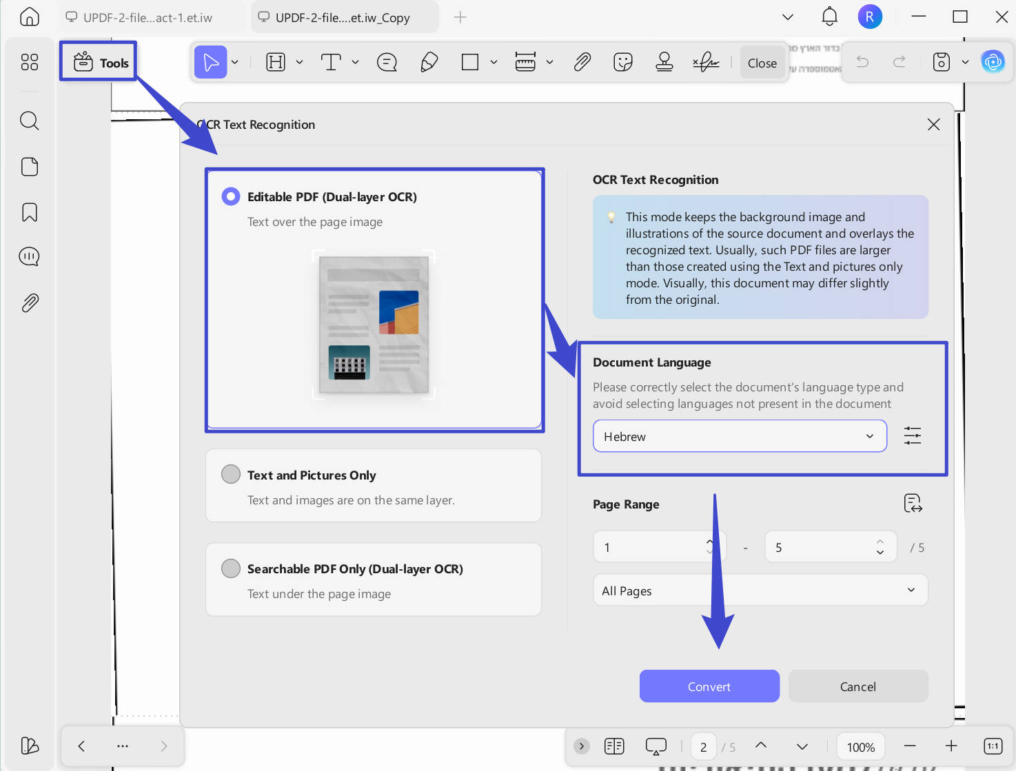 OCR Scanned Hebrew PDF with UPDF Windows