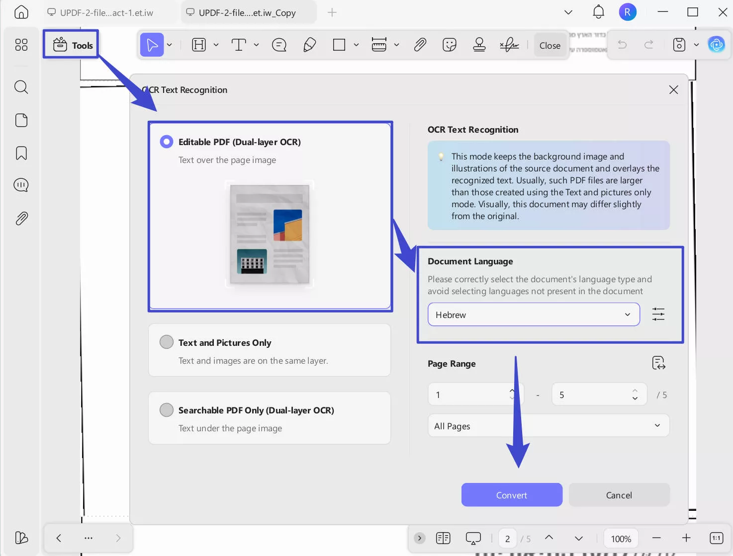 OCR Scanned Hebrew PDF with UPDF Windows