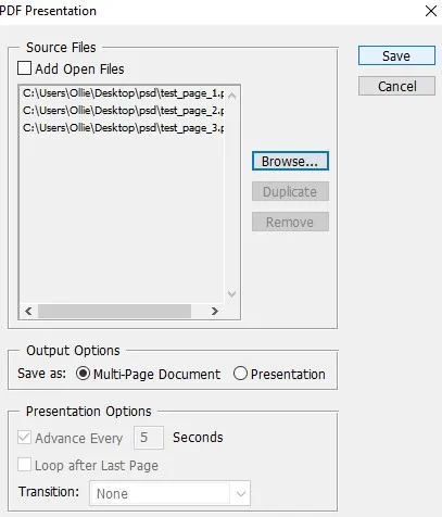 save as a pdf in photoshop open file and save