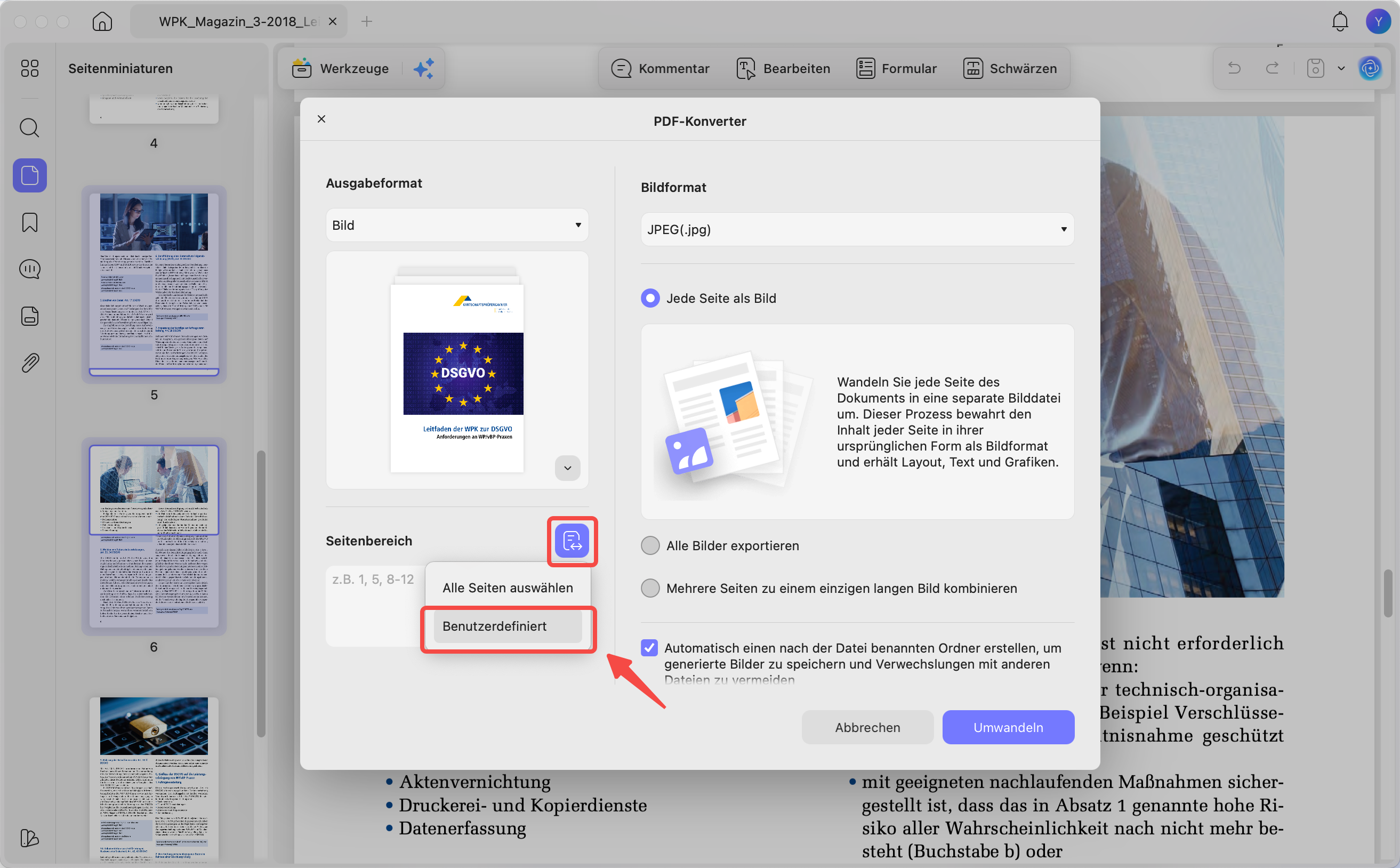 Benutzerdefinierte PDF-Seiten in JPG umwandeln