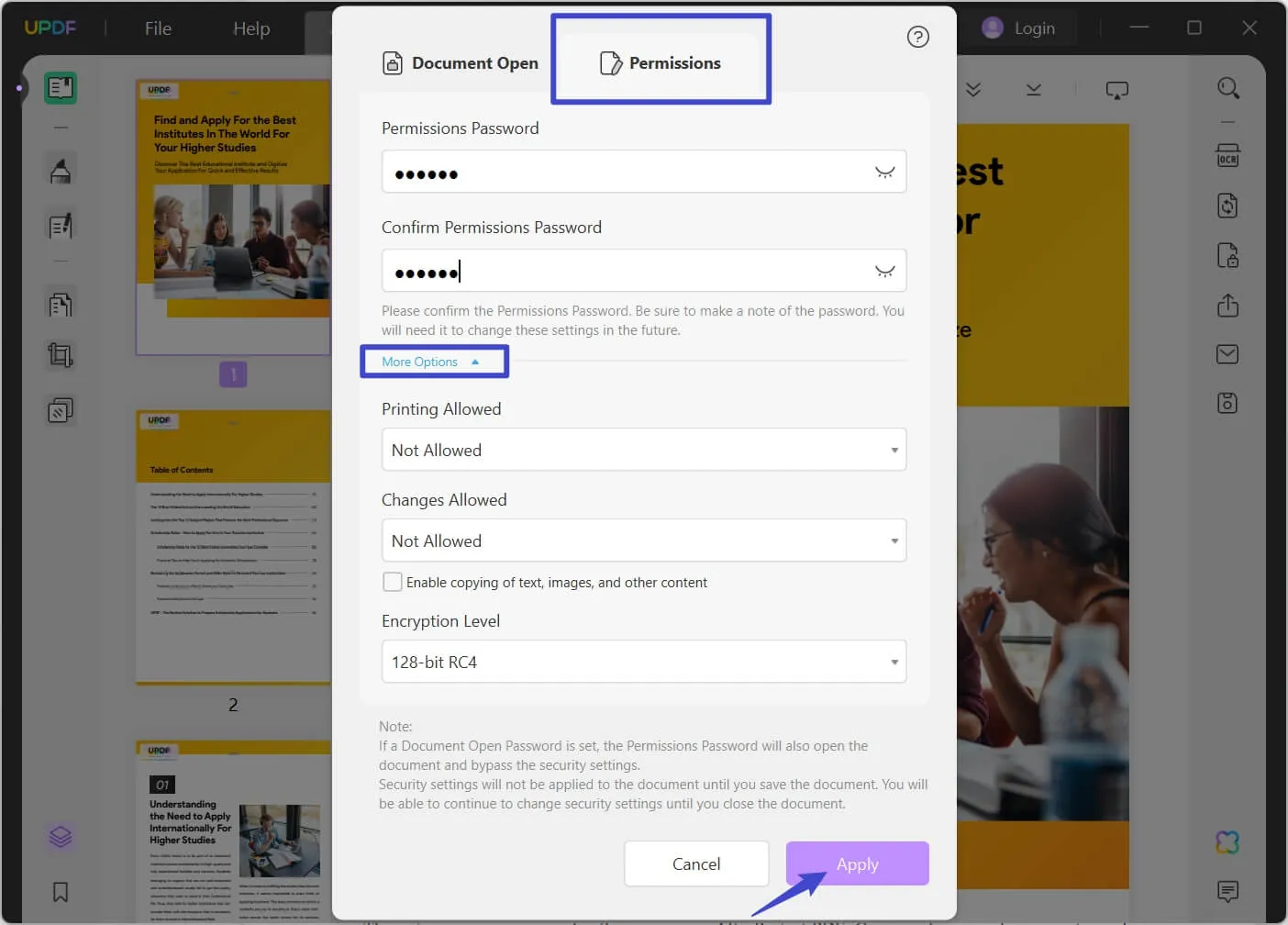 what is pdf password apply permission
