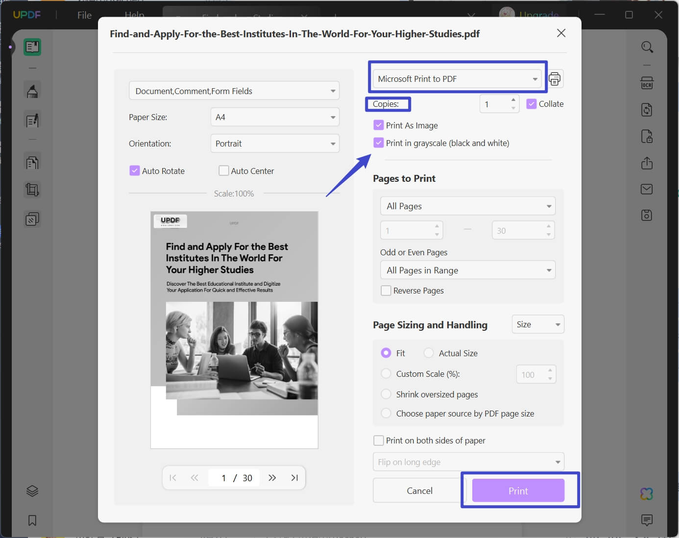 How to convert color pdf to black and white grayscale updf