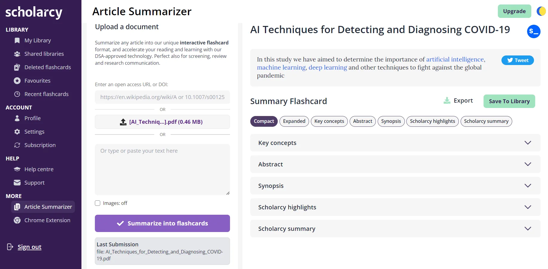 Interface utilisateur de Scholarcy