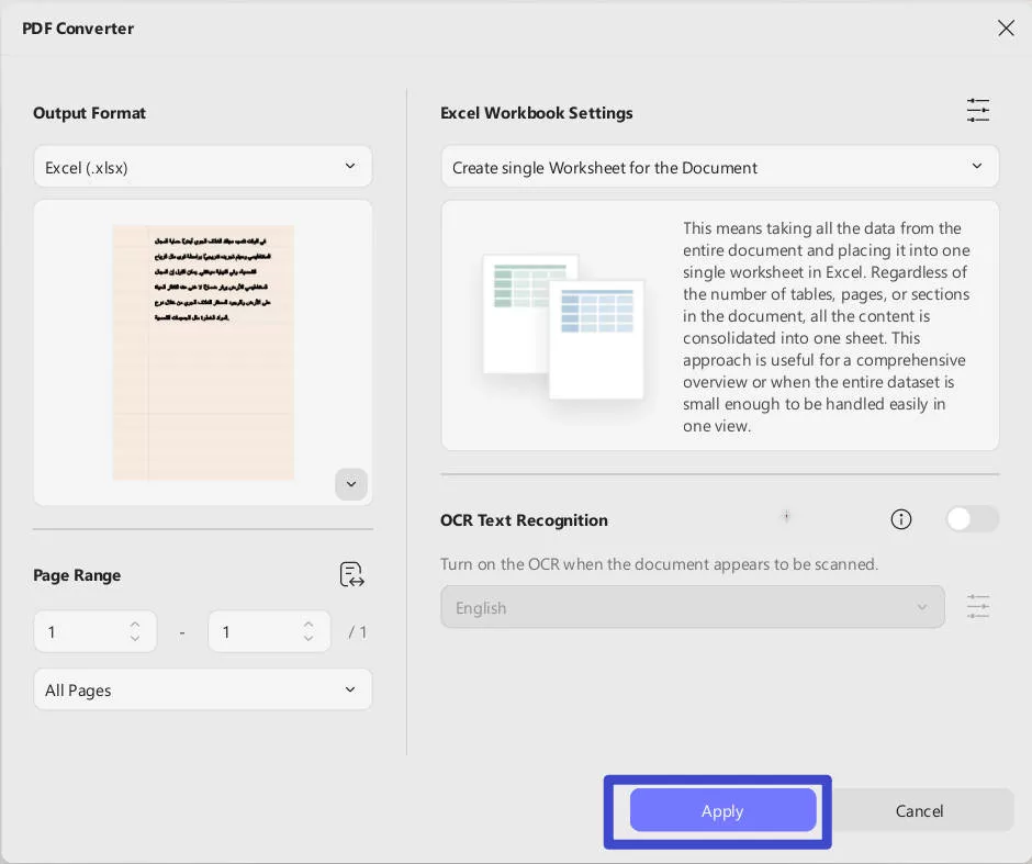 setting of converting pdf to excel