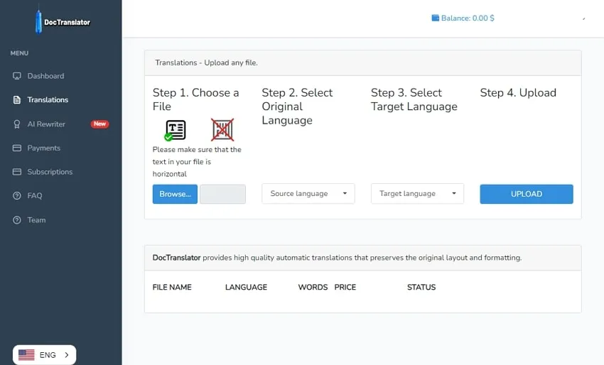 PDF aus dem Deutschen ins Englische übersetzen und das PDF-Dokument in Doctranslator hochladen