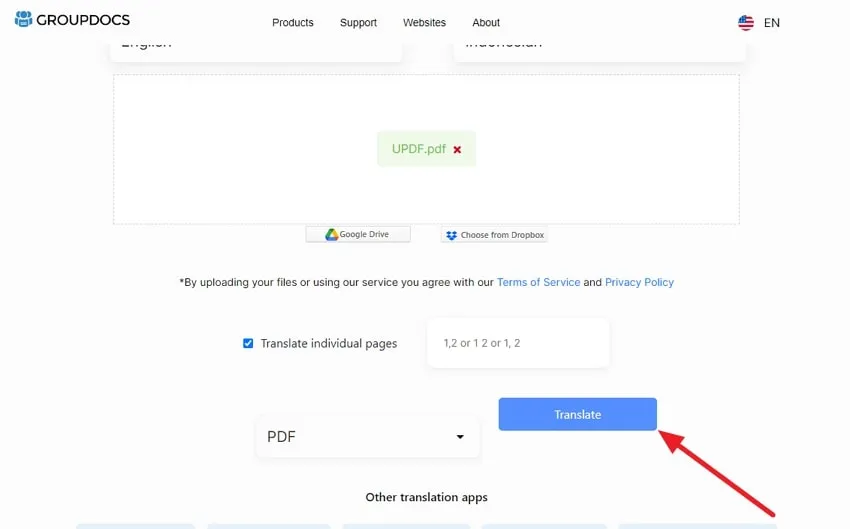 translate pdf english to indonesia tap on the translate button in GroupDocs